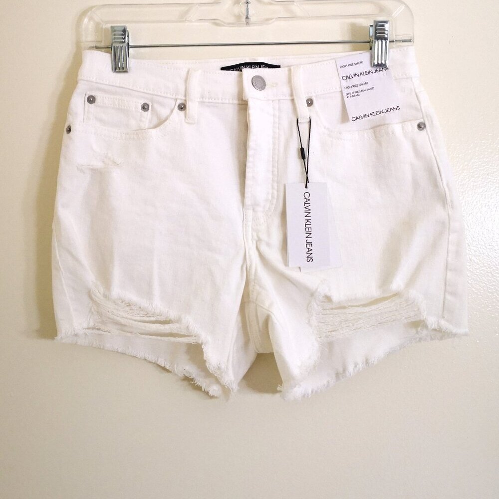 Calvin Klein High Rise Distressed Denim Shorts White Size 26